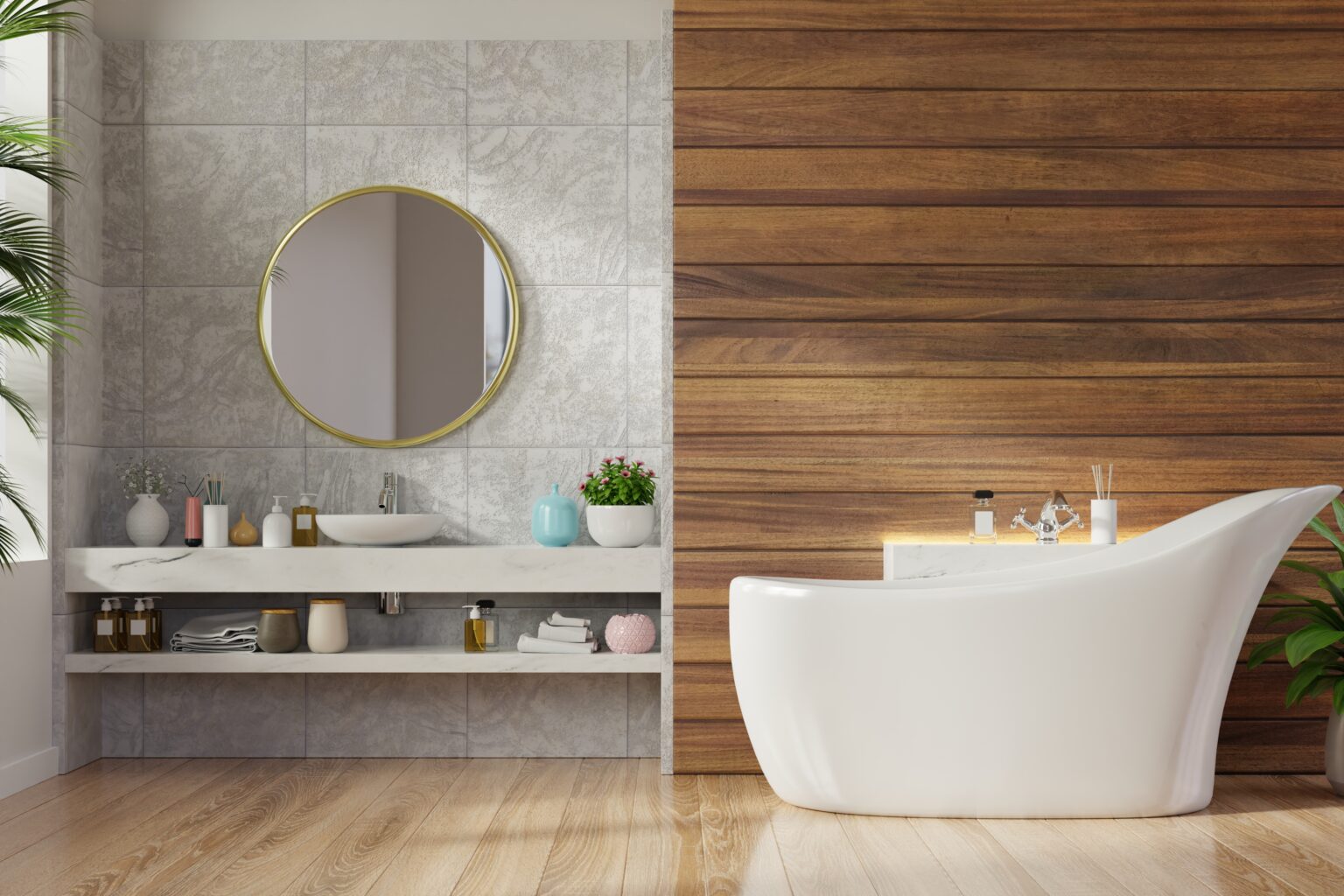 Modern Bathroom interior design on wooden wall,3d rendering
